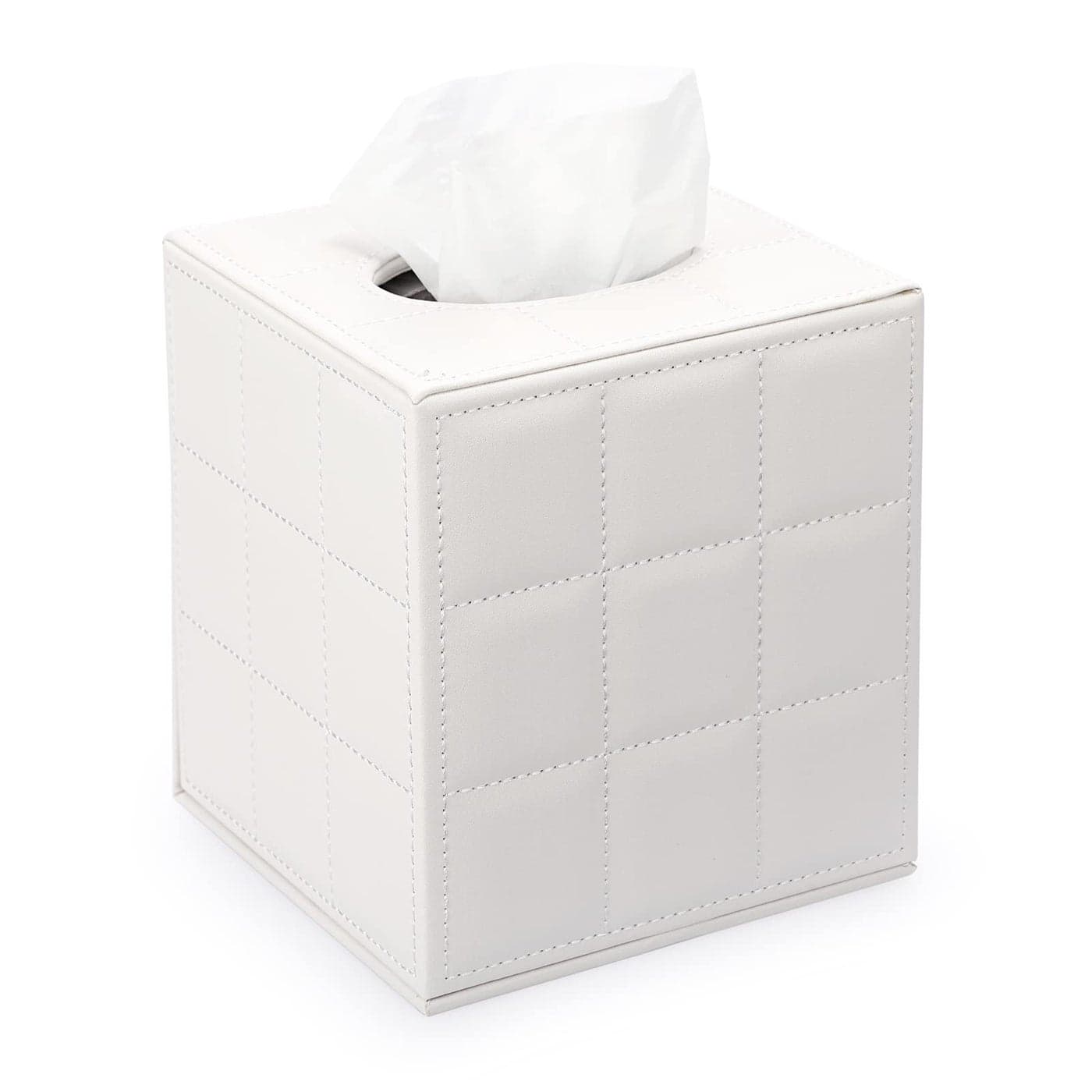 Sumnacon Square Leather Tissue Box Cover Stylish Cube Tissue Box Holder with Magnetic Bottom Decorative PU Tissue Box for Vanity Dresser Night Stand Table Countertop Home Office Car Grid White