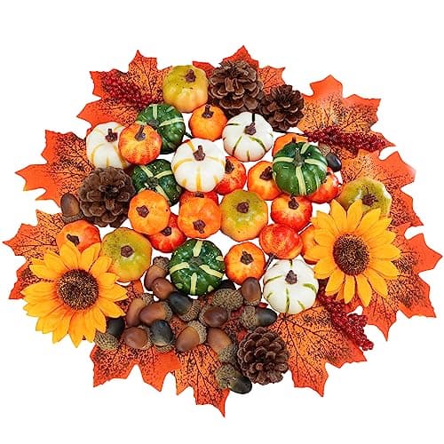 68 Pcs Assorted Mini Artificial Pumpkins with Maple Leaves Pinecones Acorns Sunflowers Berries Fall Decorating Kit for Fall Wedding Thanksgiving Halloween Table Centerpiece Wreaths Vase Bowl Fillers
