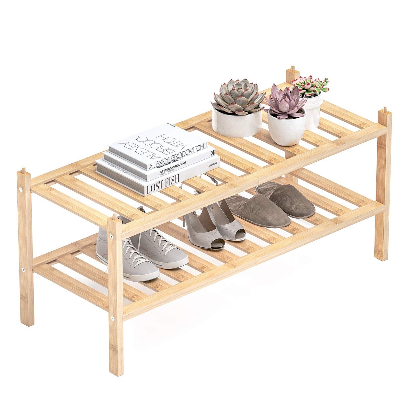Dranixly Shoe Rack 2Tier Bamboo Stackable Shelf Storage Organizer Stand for Closet Entryway Hallway Bathroom and Living RoomNatural