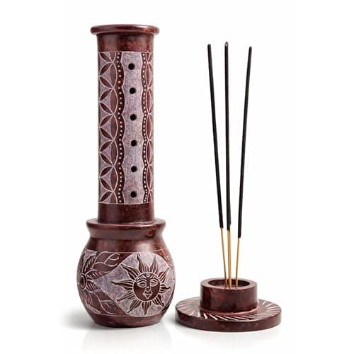 KC KULLICRAFT Marble Handmade Soapstone Red Sunshine Incense Stick Holder | Candle Burner | Tea Light Holder - Round Carving | Decorative Home and Office Decor - (3 x 3 x 10 Inches)