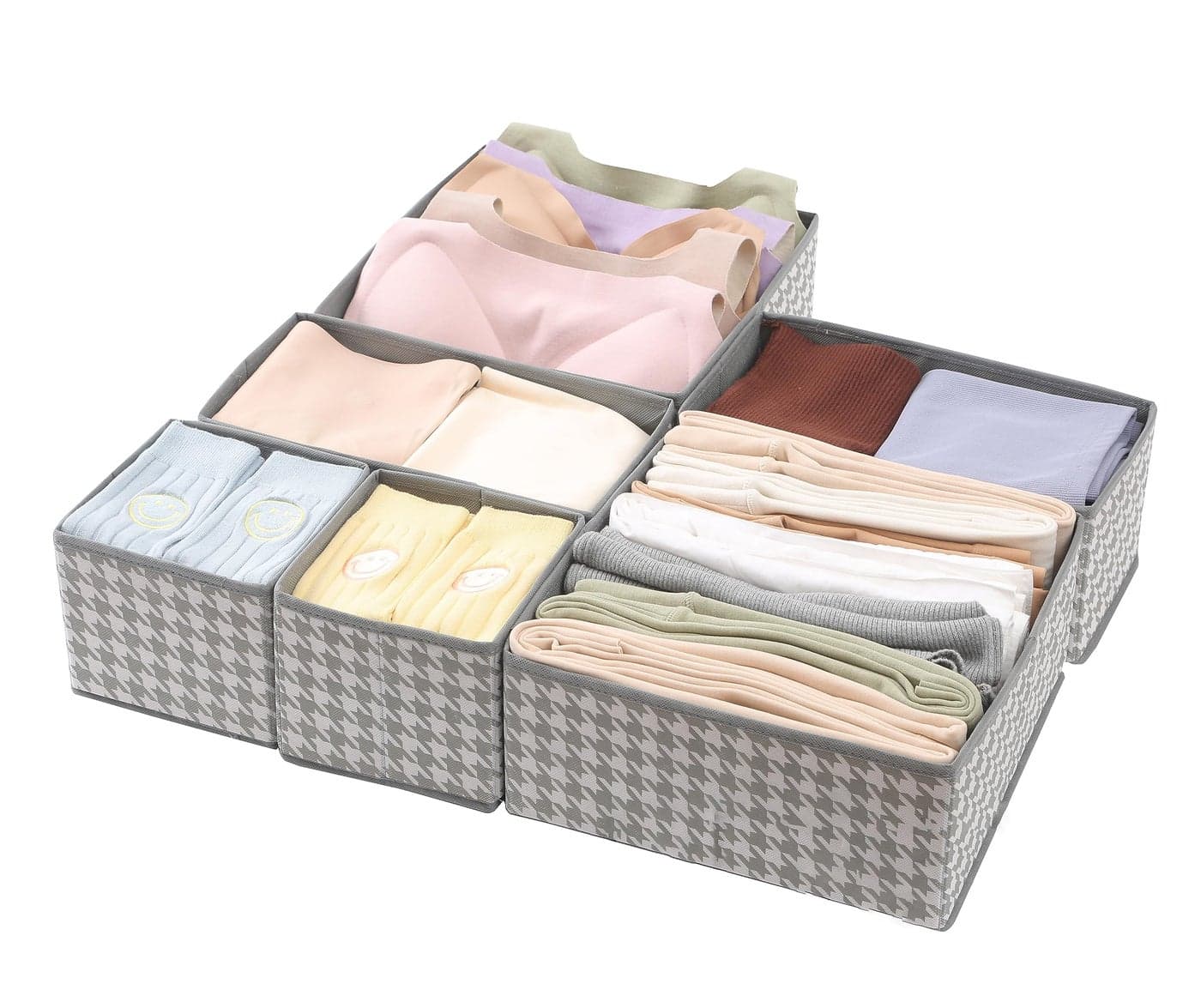 House of Quirk Foldable Clothing Storage Box Closet Dresser Drawer Organizer Cube Basket Bins Containers Divider With Drawers For Underwear, Bras, Socks, Ties, Set Of 6 (Grey Houndstooth, Non-Woven)