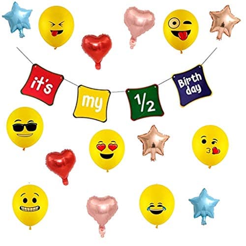 GRAND SHOP Half Birthday Decoration Banner Foil Star Heart and Emoji Balloons -Set of 20 Pcs(multi)