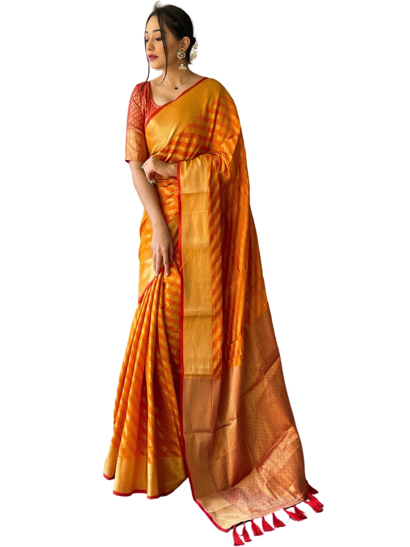 SGF11 Women's Leriya patola Soft Lichi Silk Banarasi Sarees With Blouse Piece (Orange)