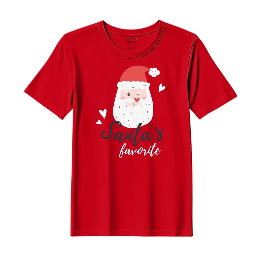 BYFT Threads Large Red Polycotton T-Shirt - Christmas "Santa's Favorite" Printed Design, Premium Holiday Collection
