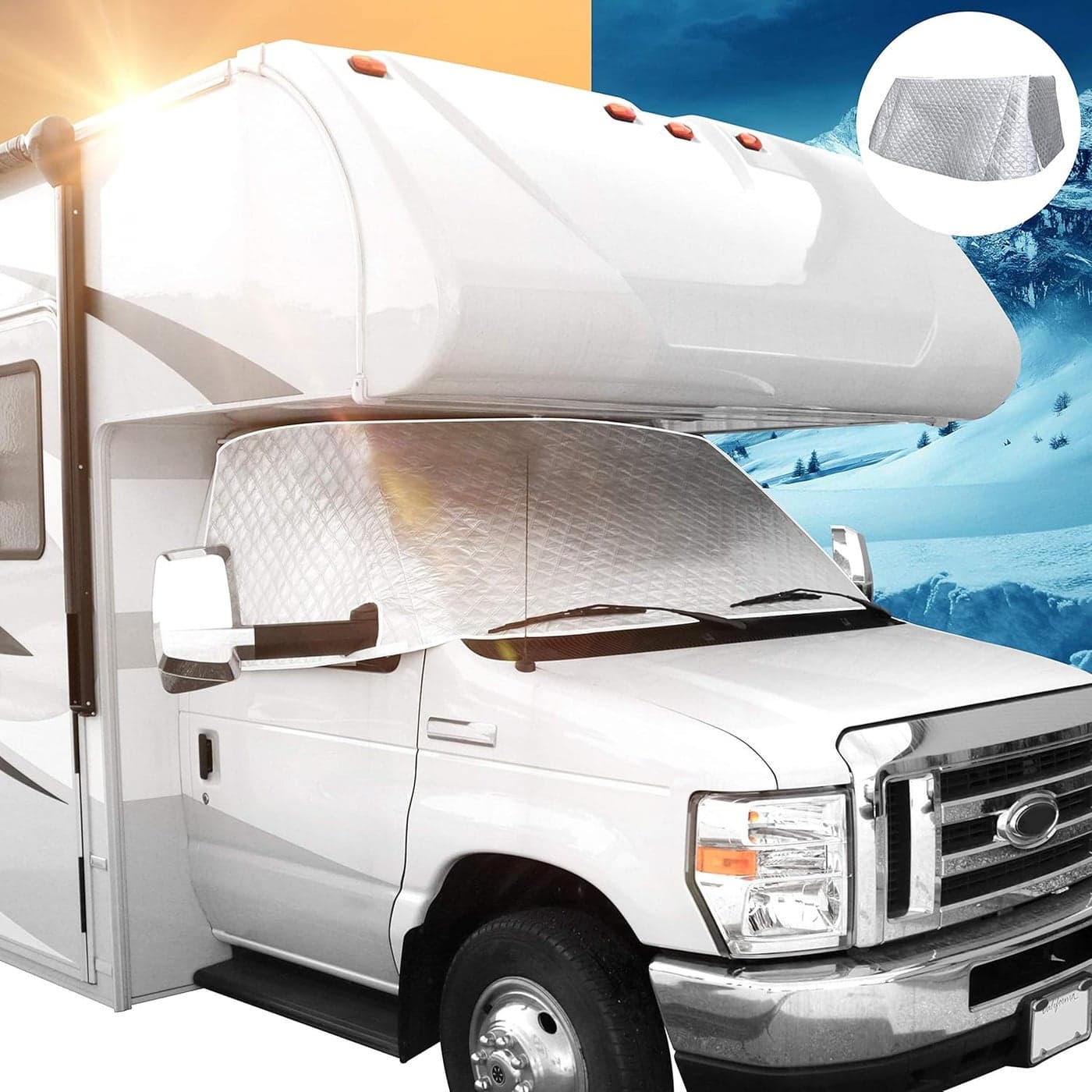 Leisure Coachworks RV Windshield Cover for Class C Ford 1997-2021 - 4 Layers with Mirror Cutouts