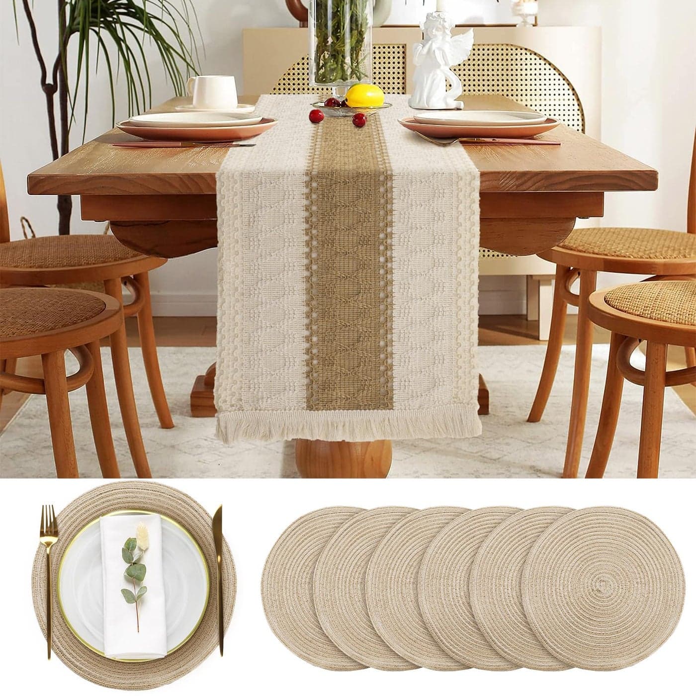 7 Pcs Boho Table Runners and Boho Round Placemats Splicing Woven Macrame Table Runner with Tassels Farmhouse Dining Decor for Wedding Kitchen Dining12 x 108 Inch