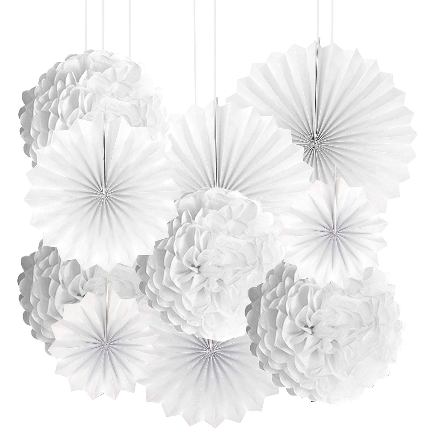 White Frozen Party Hanging Decorations Wonderland 1st Birthday Baby Shower Nursery Wedding Bridal Shower Party Tissue Paper Pompoms Fans Flowers Photo Booth Backdrops Decorations 10pc