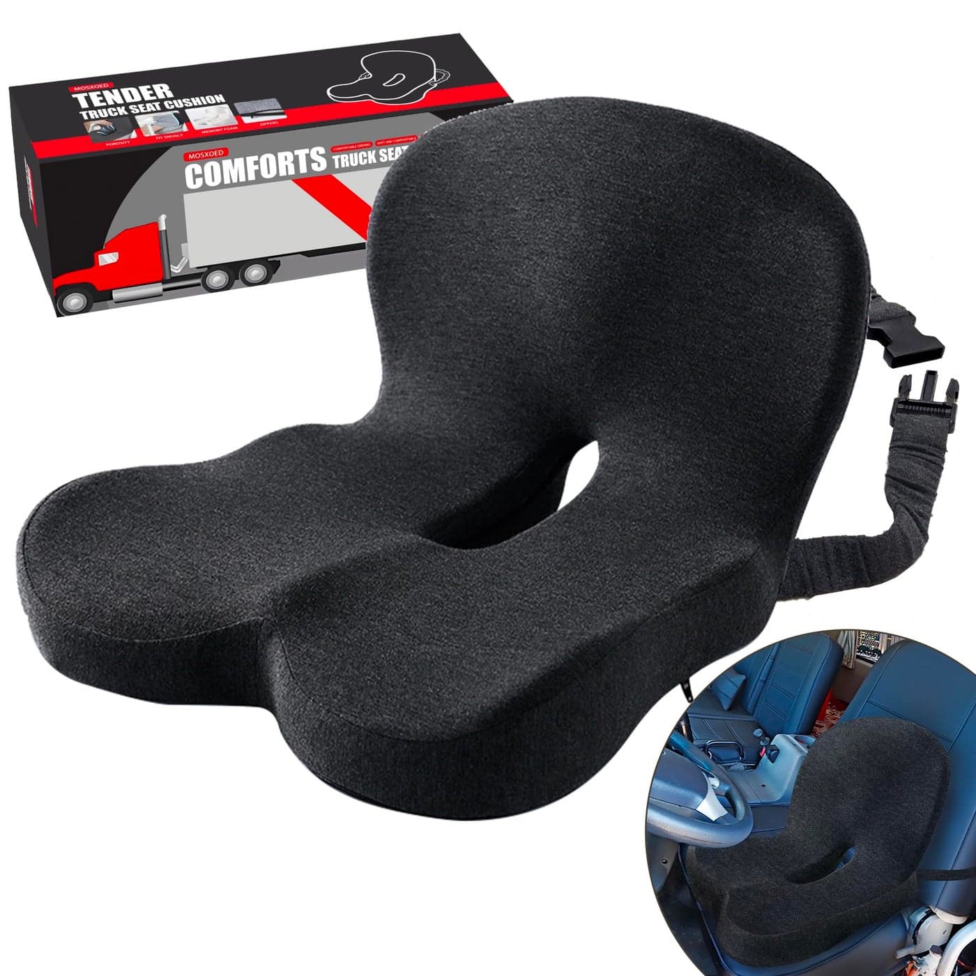 Seat Cushion for Truck Driver Memory Foam Truck Seat Cushion with Adjustable Strap Ergonomic Back Support Sciatica Relief for Long Drives Semi Truck Accessories Dark Gray