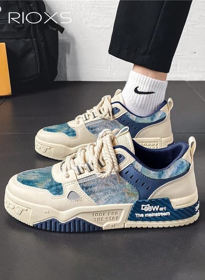 Mens Canvas Sneakers, Trendy Alphabet Print Street Skate Shoes, Non-Slip Lace Up Men's Platform Tennis Shoes Athlesiure Shoes, Casual Versatile Sneakers for Street Fashion Enthusiasts, Classic Low Top Canvas Trainers for Running Work Daily Wear, Blue