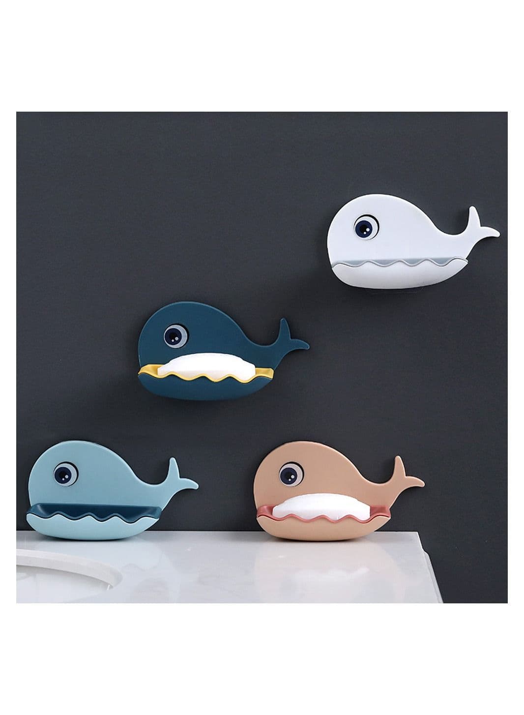 4 Pcs Cute Soap Dish Holder, Whale Shape Holder Self Adhesive with Drain Holes on Bottom, Cartoon Kawaii Bathroom Tray