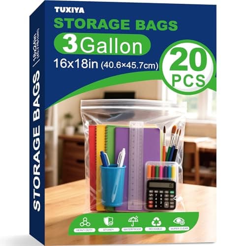 TUXIYA 20PACK 3 Gallon Large Zipper Bags for Storage 16 x 18 Inch Large Clear Zipper Bags Reusable with Sealable Zippers Top for Clothes TravelMovingThick 4 Mil