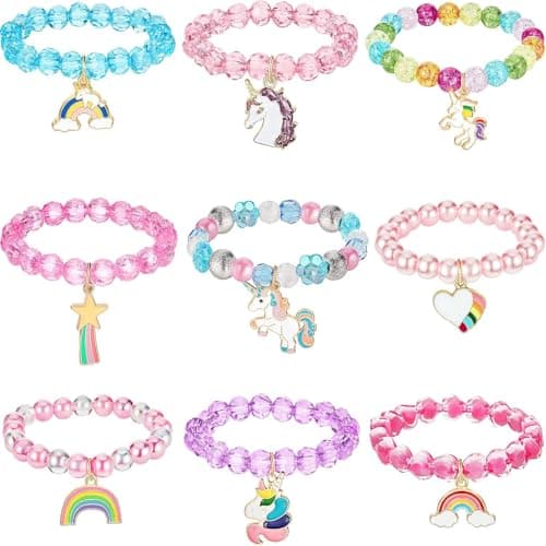 Hicarer 9 Pcs Unicorn Rainbow Bracelets Beaded Jewelry for Unicorn Party Favors Gala Accessories Easter Basket Stuffers Goodie Bag Fillers GiftFresh Style