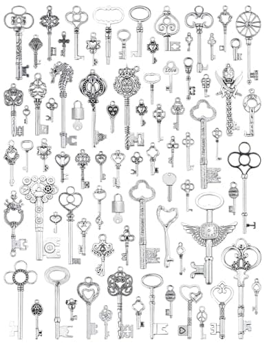 JIALEEY Silver Skeleton Keys Charms, 80PCS Wholesale Bulk Lots Mixed Antique Castle Dungeon Pirate victorian Filigree Heart Royal Keys