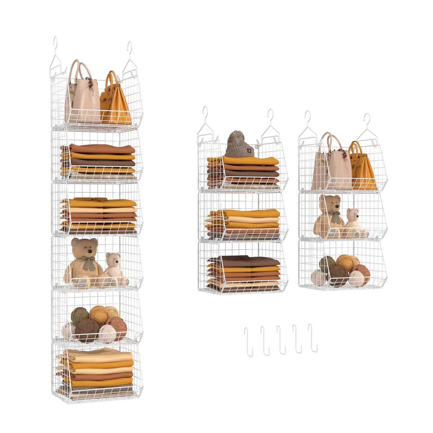 Xcosrack 6 Tier Closet Hanging Organizer Clothes Hanging Shelves with 4 Hanging Hooks 5 S Hooks Wire Storage Basket Bins for Clothing Sweaters Shoes Handbags Clutches Accessories Patent