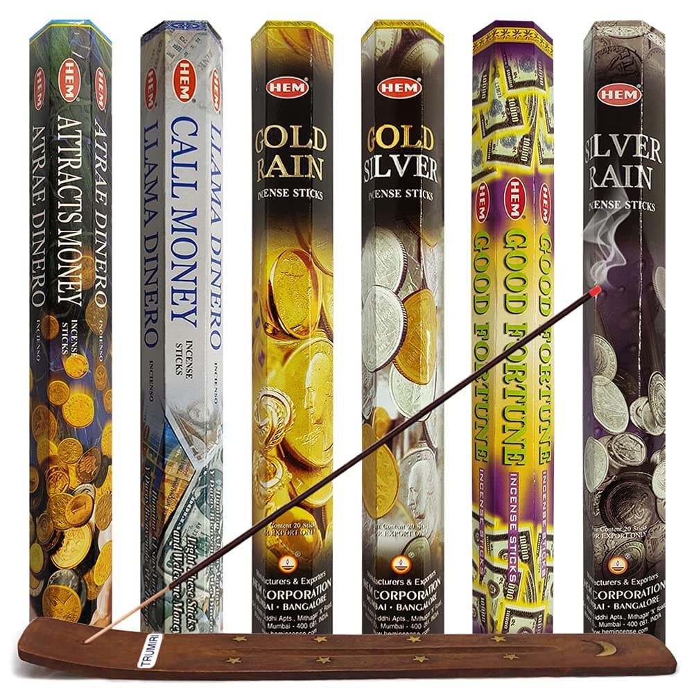 Hem Incense Sticks Variety Pack 29 and Incense Stick Holder Bundle with 6 Money and Good Luck Fragrances