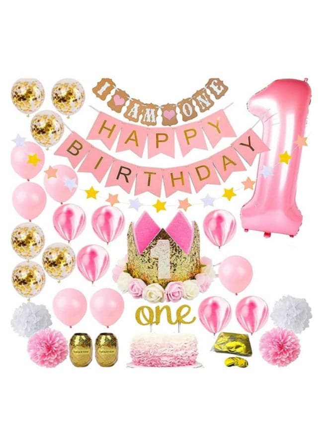 1st Birthday Girl Decorations WITH Birthday Crown Baby Princess First Pink Gold Girls Theme Kit Number 1 Balloons for Pink and Gold Party Supplies