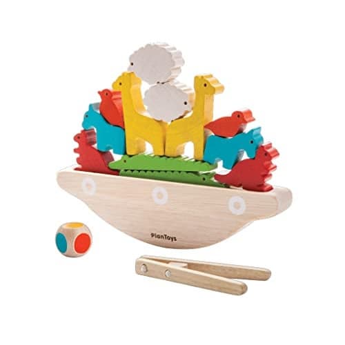 PlanToys Balancing Boat Wooden Game for Kids Ages 3 Montessori Fine Motor Coordination Challenge with Dice Animals Boat EcoFriendly Educational Toy