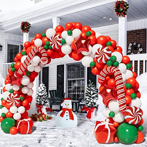 BONROPIN Christmas Balloon Garland Arch kit with Christmas Red White Candy Balloons Gift Box Balloons Red Star Balloons for Xmas Party Decorations