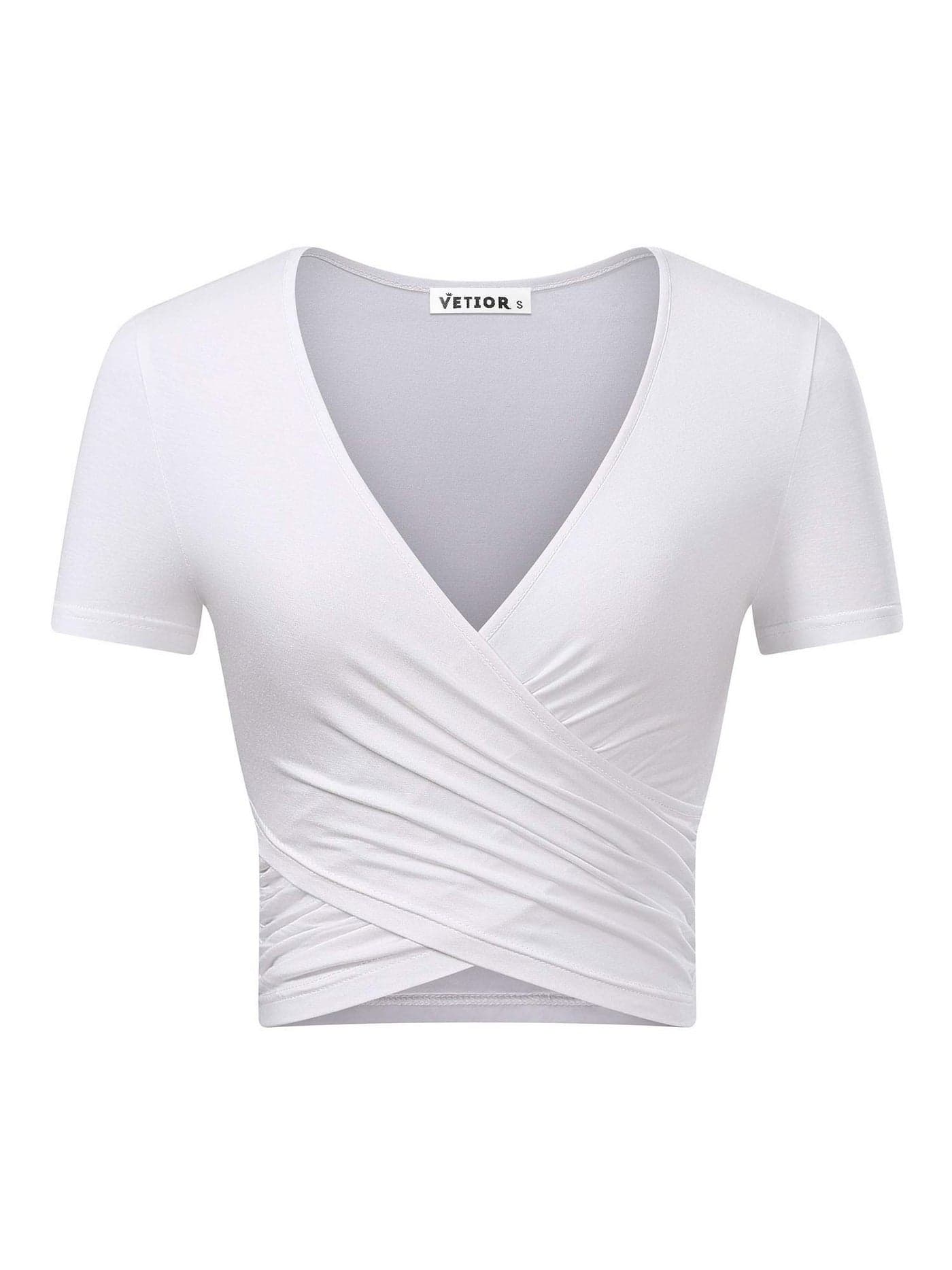 VETIOR Women's Deep V Neck Short Sleeve Cross Wrap Slim Fit Cute Summer Trendy White Crop Tops Summer Clothes for Women S White