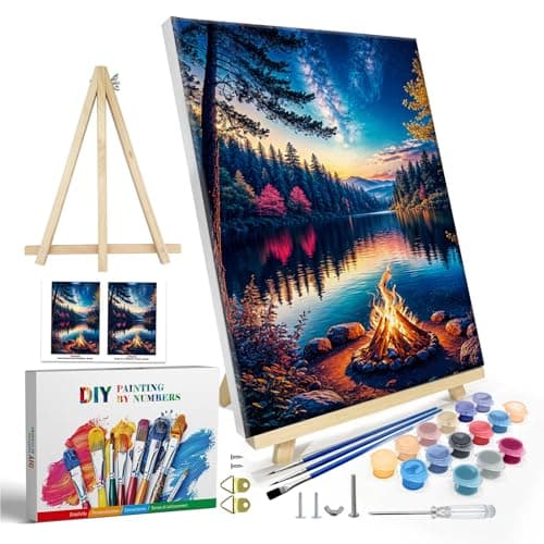 JOOZ Paint by Numbers Kit for Adults with Frame, Lake Landscape Paint by Number with Easel, DIY Sunset Landscape Acrylic Oil Painting Kit for Home Wall Decor 8x12 Inch