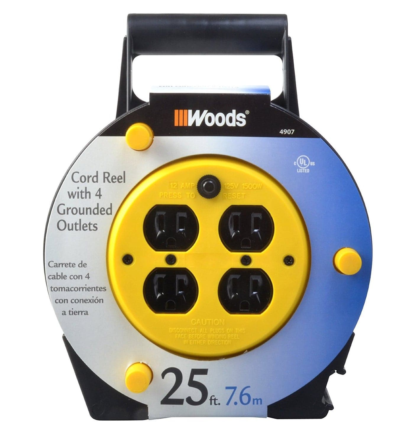 Woods Light Duty Extension Cord Reel - 16/3 Conductor Electrical Cord with 4 Grounded Outlets - 12A Circuit Breaker - Ideal for Light to Medium Duty Tools - Yellow & Black - 25 Feet