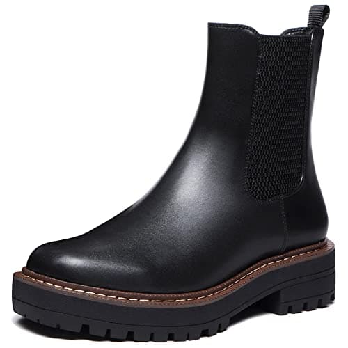 Athlefit Women's Chelsea Ankle Boots Platform Slip On Chunky Heel Lug Sole Leather Booties Black 8
