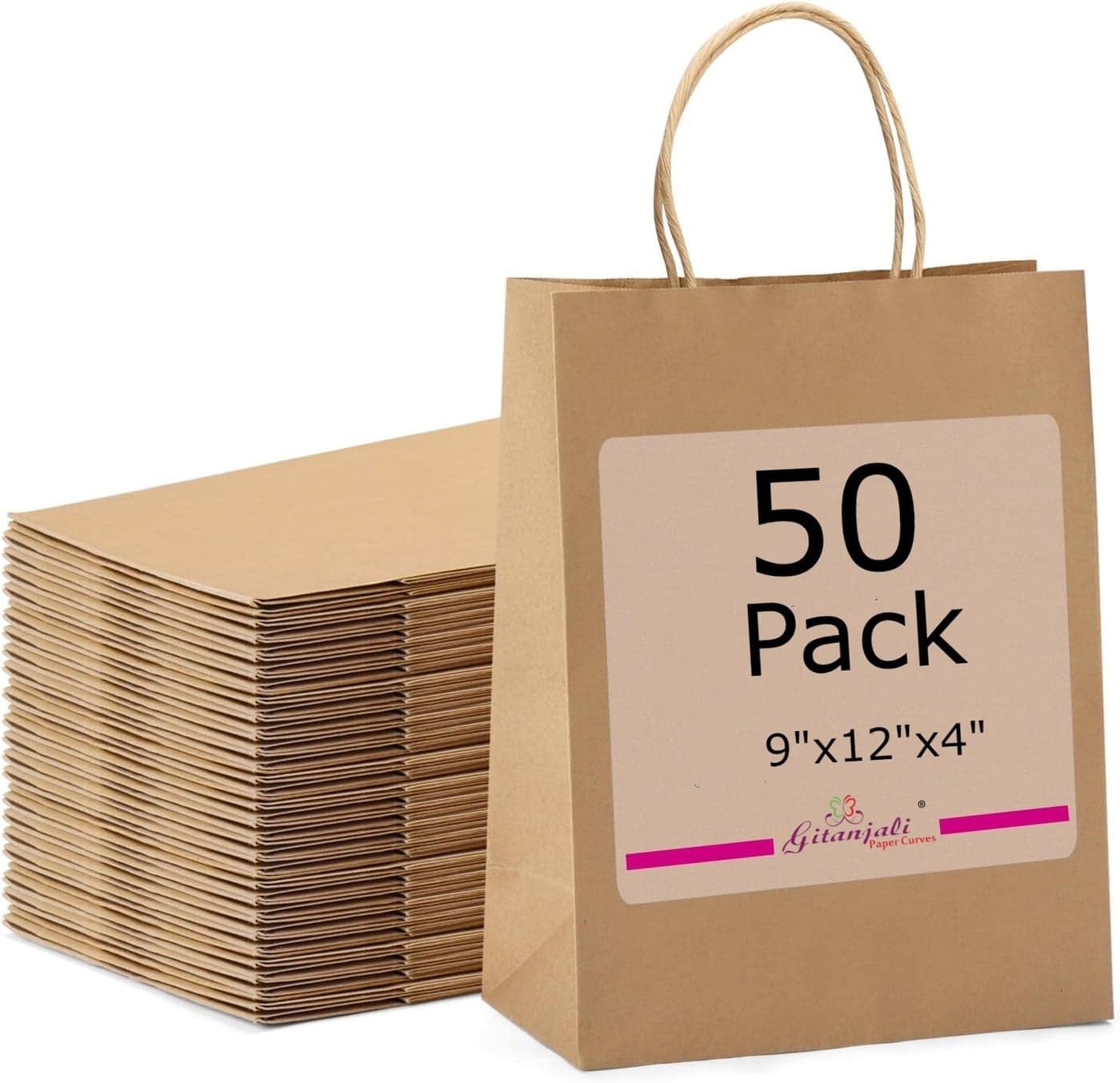 Gitanjali Paper Curves Disposable Kraft Paper Bags 9x12x4 inchesBrown50 pcs Shopping Merchandise Grocery Retail Craft Paper Carry Bags Gift Bag Recycled Eco Friendly 50 pcs