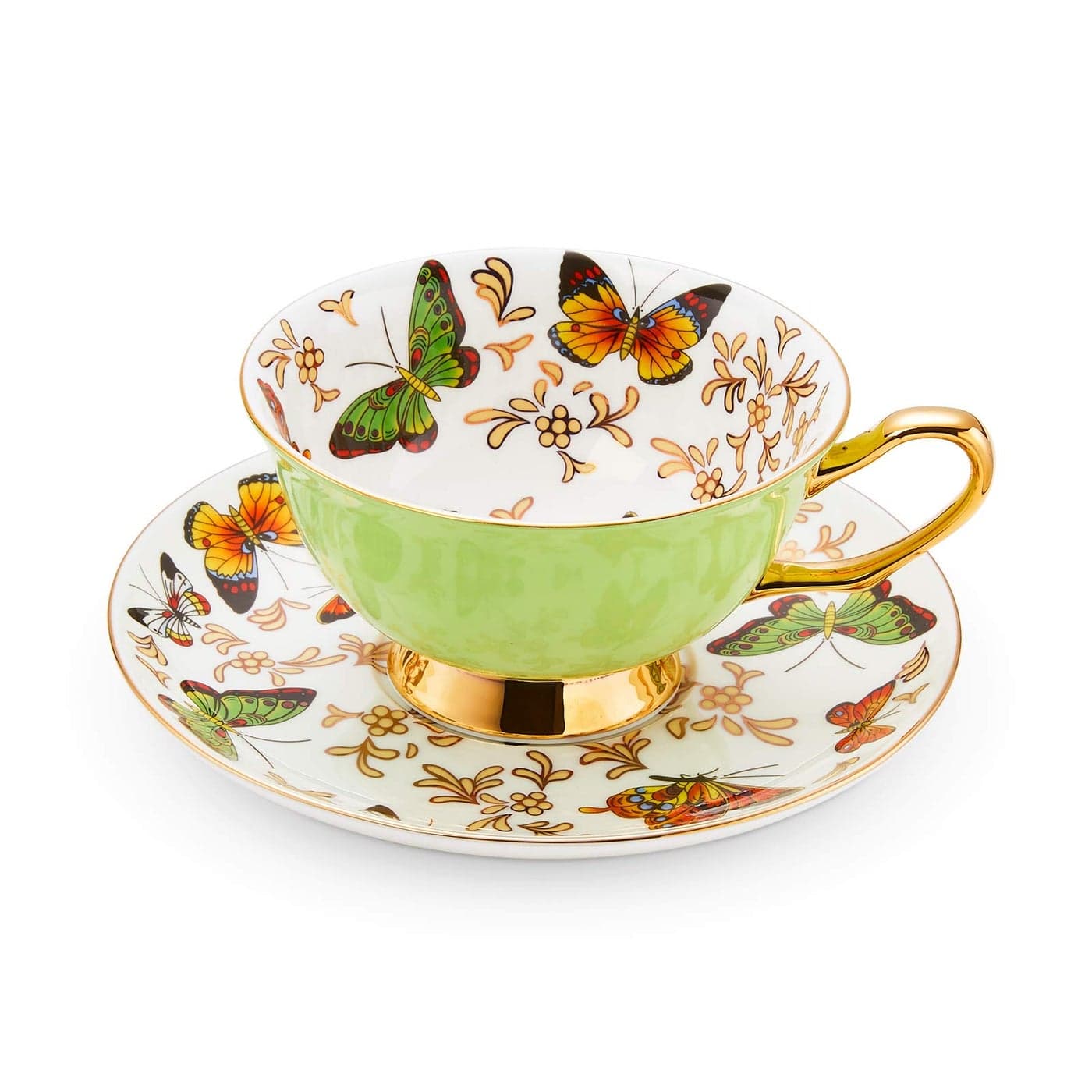 LURRIER Coffee Cup Mug with Saucer for Latte Cappuccino Tea with Butterflies 68 Oz Fine Bone China Dishwasher Safe Reactive Glaze 1 Pcs Green
