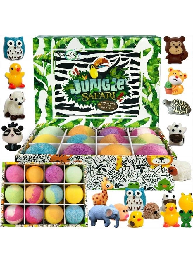 Bath Bombs for Kids with toys inside - Set of 12 Organic Bubble Bath Fizzies with Jungle Animal Toys. Moisturizing, Gentle and Kids Safe, Rainbow Spa Bath Fizz Balls Kit. Birthday gift for boys, girls