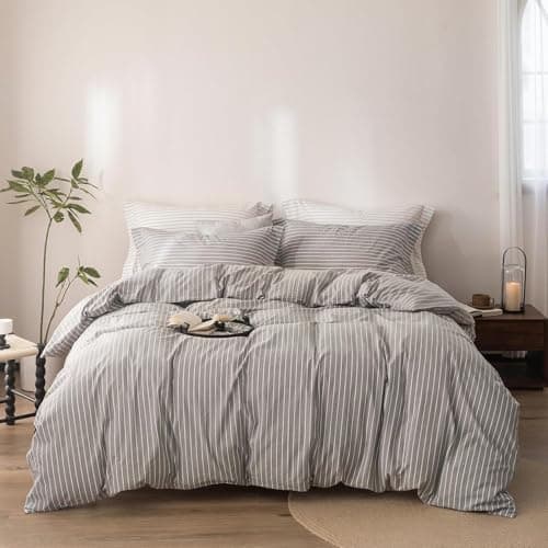 Warm Moment Stripe Duvet Cover Full Size 90inch x 80inch, 100% Washed Cotton Linen Feel Duvet Cover with Zipper Closure and 2 Pillowcases, Color of Grey-White Stripe