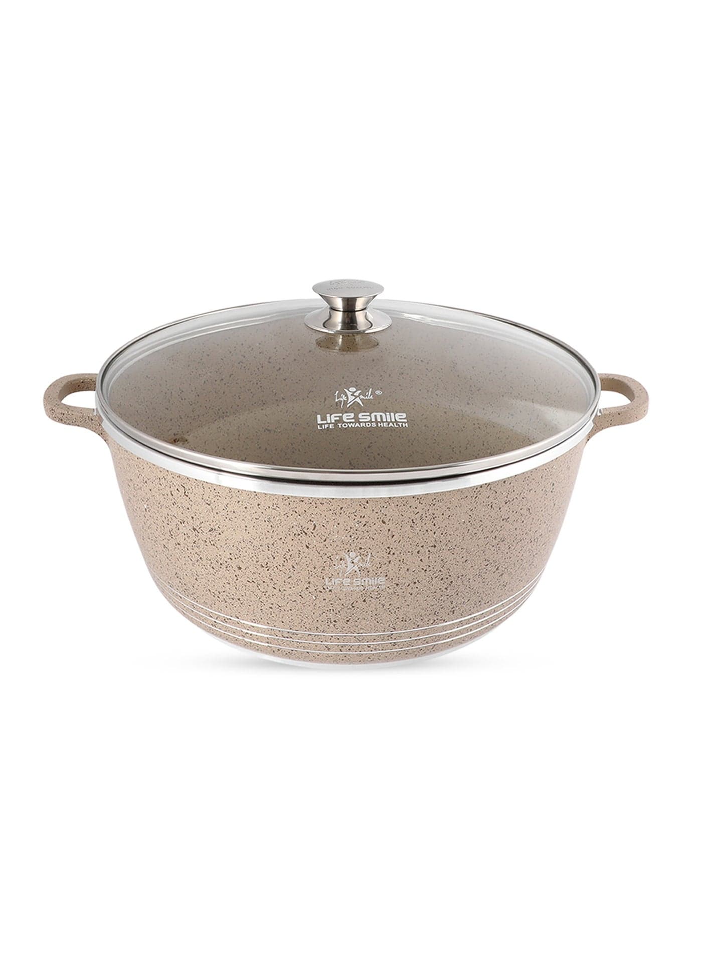 Life Smile 36cm Nonstick Cookwares – 13L Granite Cooking Pot with Glass Lid | Multi-Layer PFOA-Free Casserole, Aluminum Soup Pot with Fixed Handles, Stainless Steel Rim & Oven-Safe Design