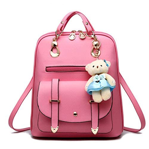 floki Fashion Korean Style Backpack Shoulder Bag with Teddy Bear for Teenager Girl Women Lady Casual Bag Pack Dual Usage Bag (baby pink)