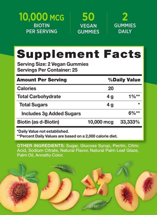 Biotin Gummies | 10000mcg | 50 Count | Vegan, Non-GMO & Gluten Free Supplement | Natural Peach Flavor