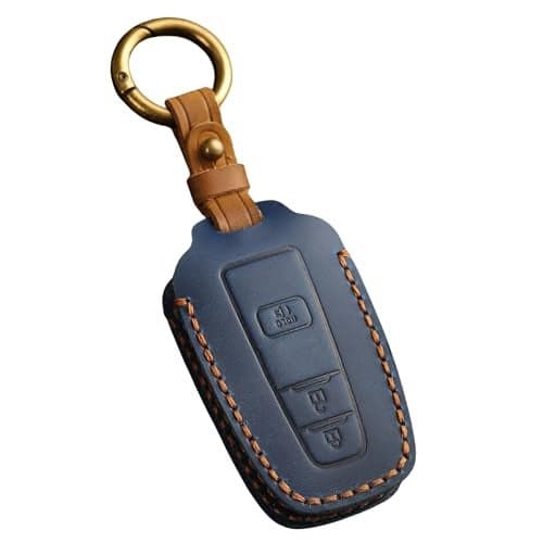 Hontumax Genuine Leather 3-Button Key Fob Cover for Toyota RAV4 Highlander Camry C-HR Avalon Corolla 4Runner Mirai Prius 2018 2019 2020 2021 2022 2023 2024 2025 (Blue)