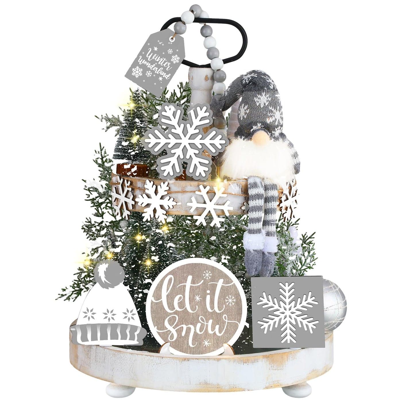 16 Pcs Winter Tiered Tray Decor Winter Rustic Gnome Plush Snowflake Tray Decor Christmas Wood Table Signs for Xmas Table Centerpieces Home DecorationsSilver Gray