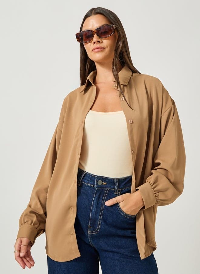 Solid Balloon Sleeve Oversized Shirt