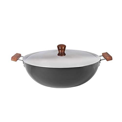 Wonderchef Ebony Aluminium Hard Anodised Deep Kadhai with Lid 30cm for Kitchen, Non-Toxic, Chemical & PFOA Free, Low-Oil Cooking, Wooden Handles, Gas Stove & Induction Friendly, 2-Yr Warranty