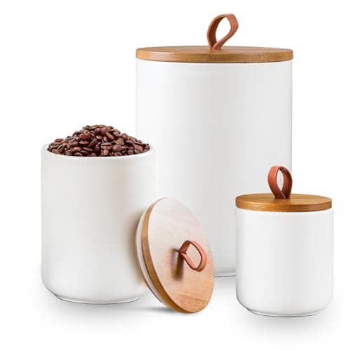 Kendiis Ceramic Canister Set for Kitchen, 3pcs White Ceramic Kitchen Canisters for Countertop with Airtight Wood Lids, Large Flour and Sugar Containers for Coffee, Tea, Spice