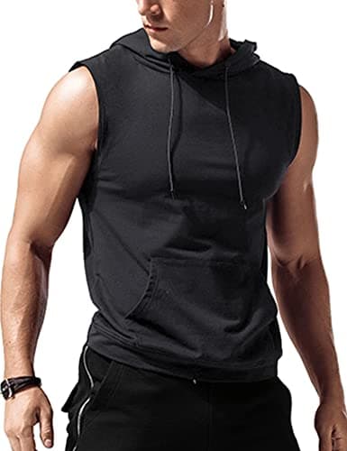 Amussiar Men's Workout Hooded Tank Tops Gym Muscle Shirt with Kanga Pocket Cut Off Bodybuilding Sleevless Hoodies Deep Grey