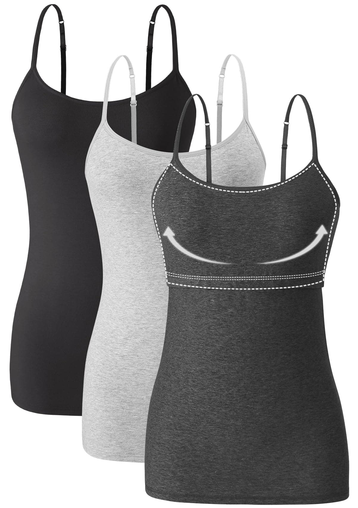 Orrpally Women Camisole Shelf Bra Cami Tank Tops Adjustable Spaghetti Strap Tank Top 3-Pack Black/Grey/Charcoal Heather M