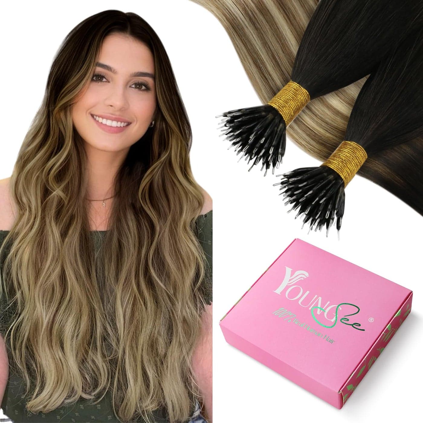 YoungSee Nano Hair Extensions Real Human Hair Ombre Dark Brown to Medium Brown with Blonde Nano Beads Hair Extensions Real Hair Brown Nano Rings Real Hair Extensions Ombre Cold Fusion 16inch 1gs 50g
