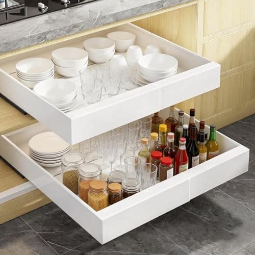 2-Pack Expandable Pull Out Cabinet Organizer 21" Deep with 3 Slide Rails, Adjustable Width (12"-22") Drawer Organizer for Kitchen Pantry Base Cabinets, Fixed with Roll Out Shelves Adhesive, White