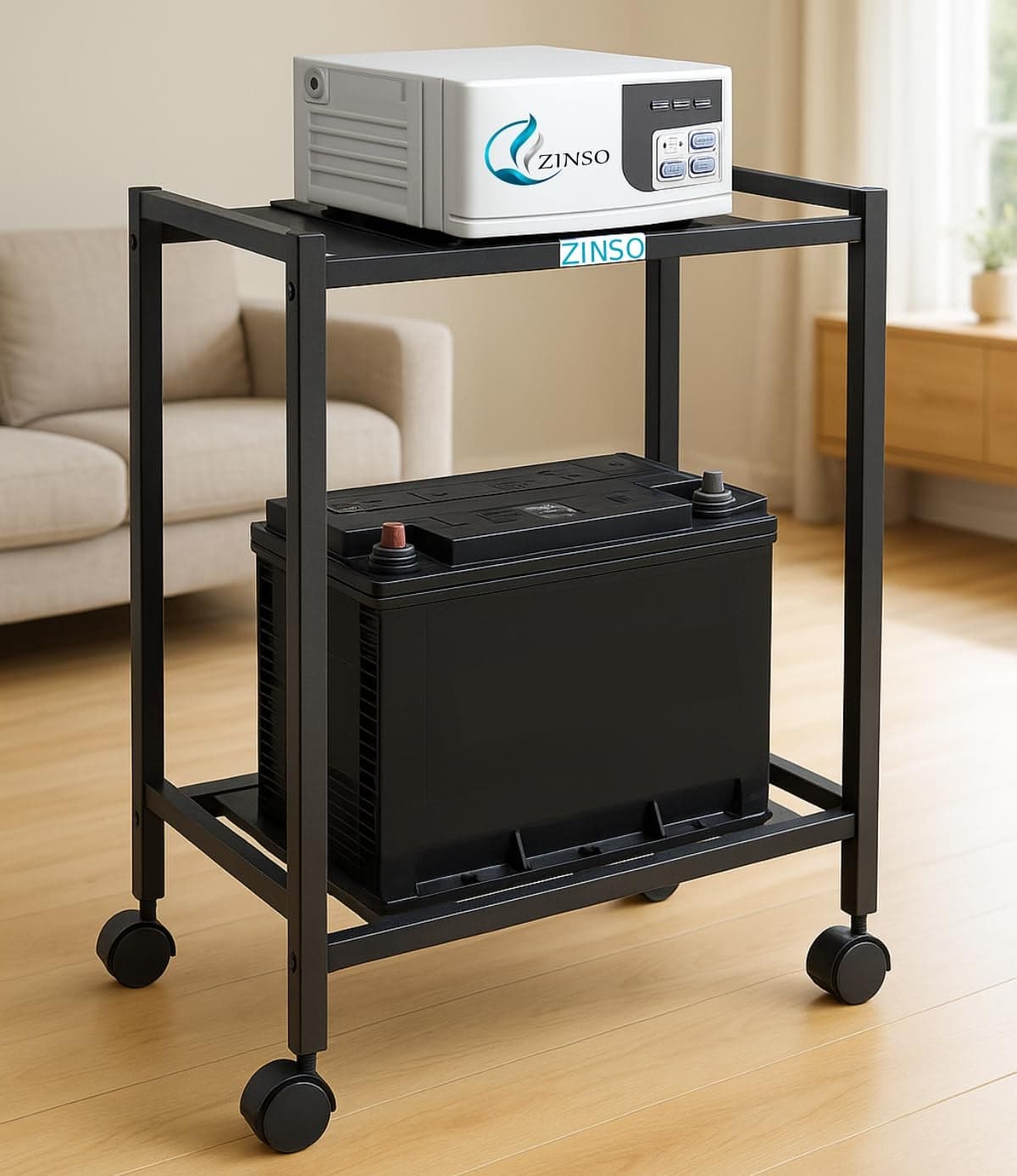 ZINSO Double Battery Metal Inverter Trolley | Powder-Coated Frame | Lockable Wheels | Heavy Duty | Fits Single Battery | Sturdy & Rust-Resistant (White)