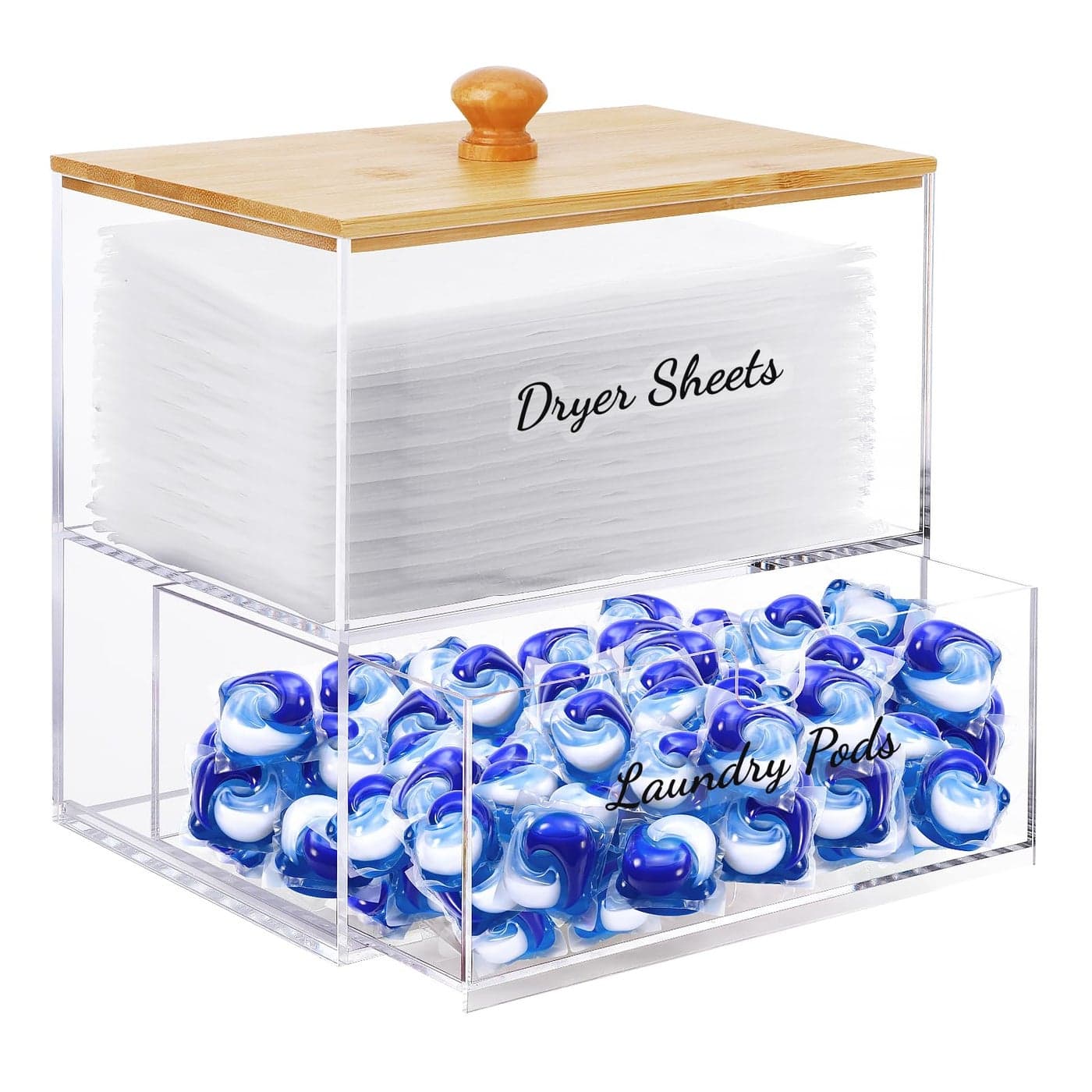 JYPS 11 Acrylic Dryer Sheet Holder with Drawer and Bamboo Lid Clear Acrylic LargeCapacity Laundry Pods Container Scent Boosters Powder Laundry Room Organization decor Storage Jars Set