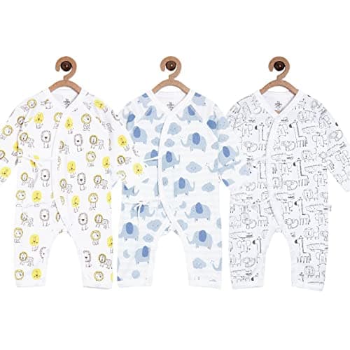 The Mom Store Infant/Baby Jhabla Rompers Combo of 3 | Jabla Style | Cotton | For Baby Girls and Baby Boys | Snap Buttons | Comfortable | Lion - Elephant- Jungle | Size - 6-9 Months