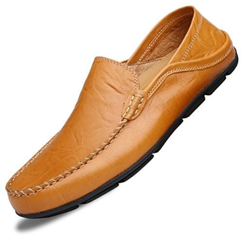 Go Tour Men's Premium Genuine Leather Casual Slip On Loafers Breathable Driving Shoes Fashion Slipper Yellow 10.5/46