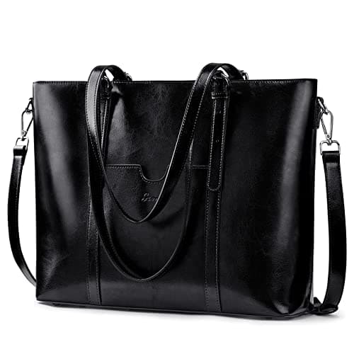 S-ZONE Women Cow Split Leather Laptop Tote Bag Shoulder Handbags 15.6 Inch Purse, Black, M, Retro