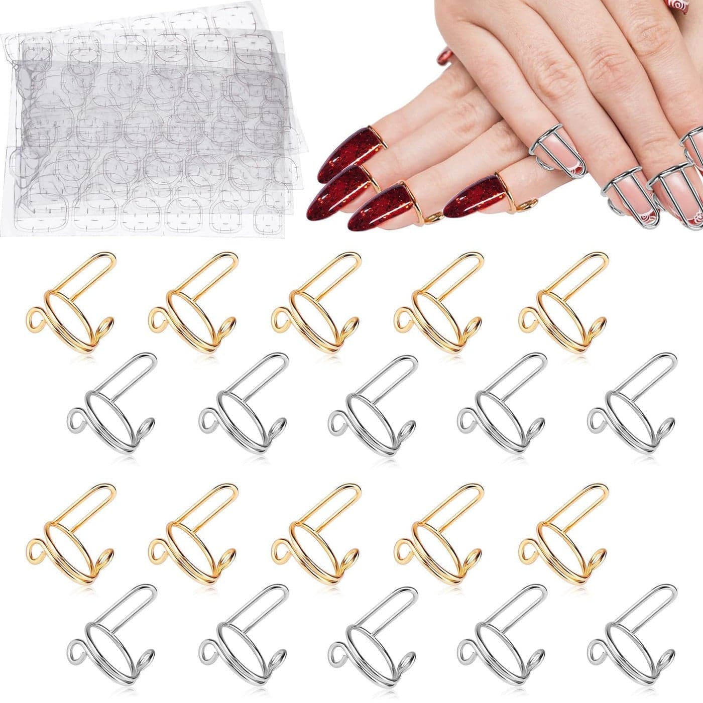 EBANKU 20PCS Adjustable Nail Rings Set Detachable Reusable Women Gift With 96PCS Adhesive Tabs for Acrylic Art Decoration Gold and Silver