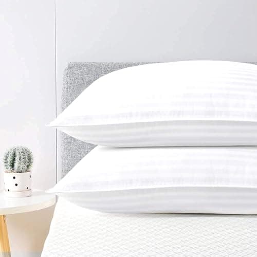 AJISH Stripe White Bed Pillows for Sleeping Standard Size Set of 2, 17 X 27 Inch - Ultra Soft Cooling Hotel Quality - Gusseted Microfiber Pillow for Back, Stomach or Side Sleepers, Easy Care