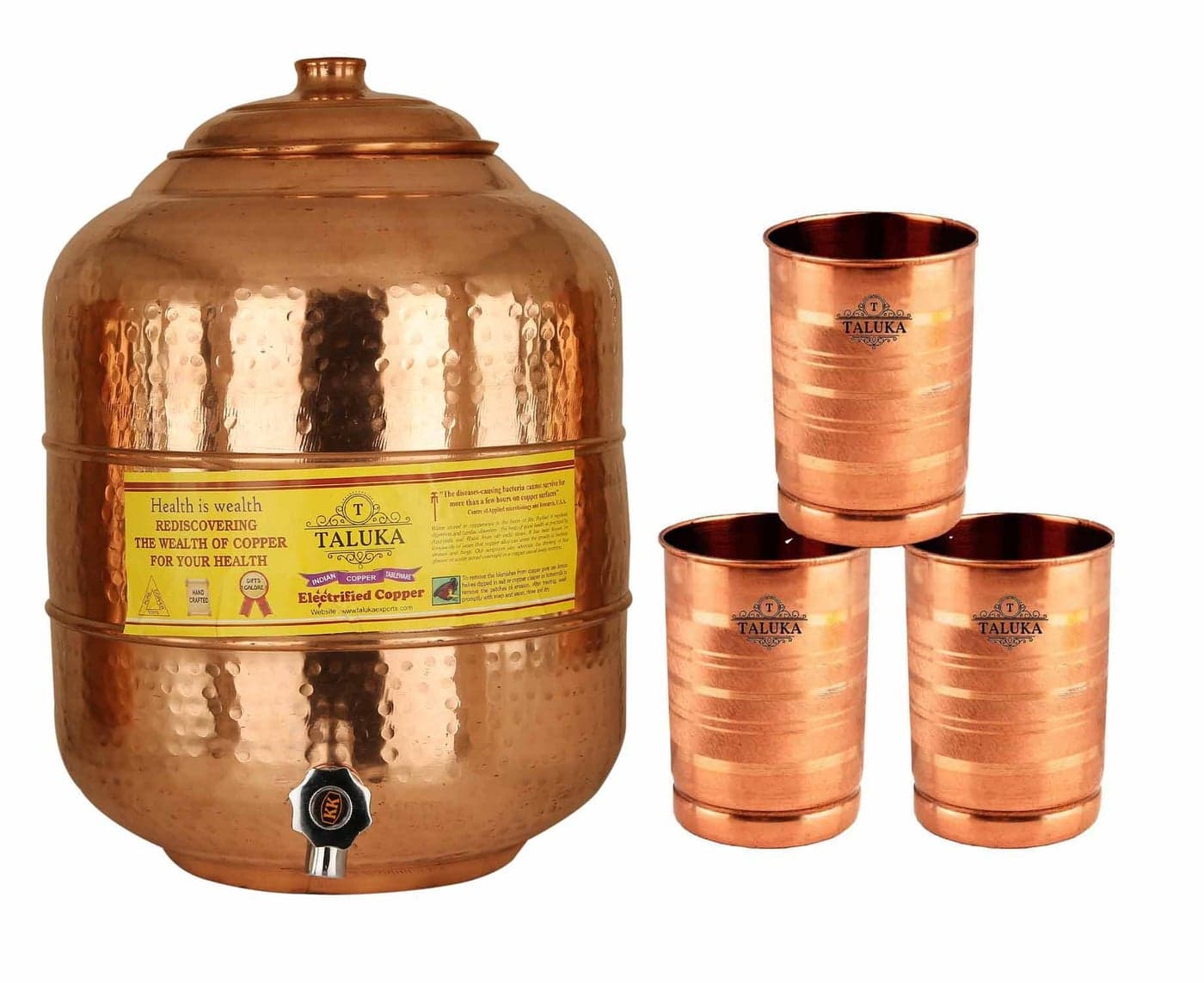 Taluka Pure Copper Water Pot Storage Tank Matka Dispeser 16 Liters Capacity 16000 ML with 3 Copper Glass 300 ML for Water Drinking and Storing Purposes Healthy Habits